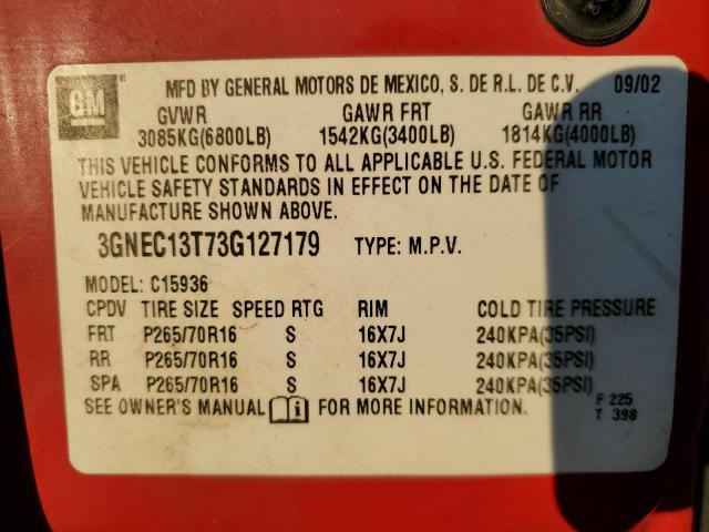 Photo 10 from auction – 2003 CHEVROLET AVALANCHE with VIN 3GNEC13T73G127179