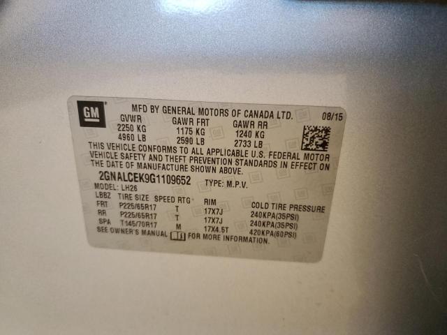 Photo 10 from auction – 2016 CHEVROLET EQUINOX LT with VIN 2GNALCEK9G1109652