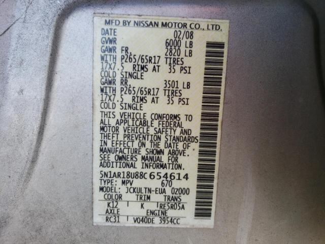 Photo 10 from auction – 2008 NISSAN PATHFINDER with VIN 5N1AR18U88C654614