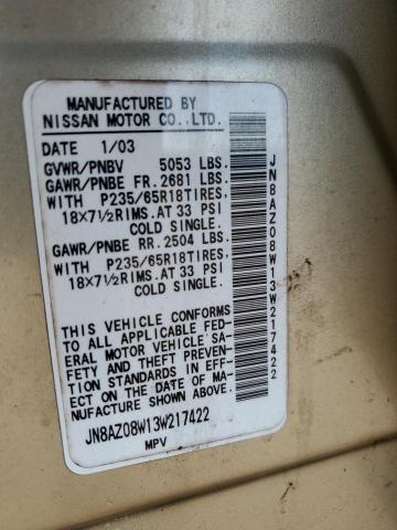 Photo 10 from auction – 2003 NISSAN MURANO SL with VIN JN8AZ08W13W217422