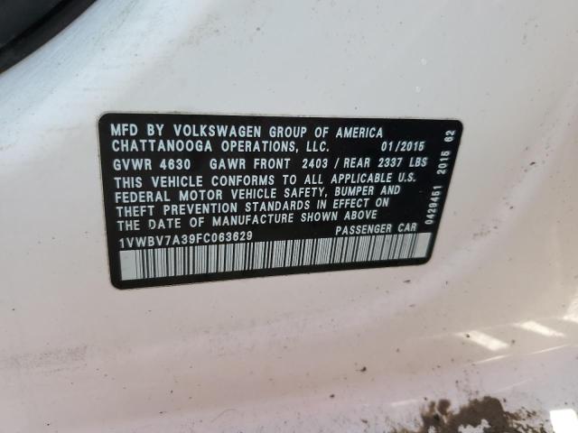 Photo 10 from auction – 2015 VOLKSWAGEN PASSAT SE with VIN 1VWBV7A39FC063629