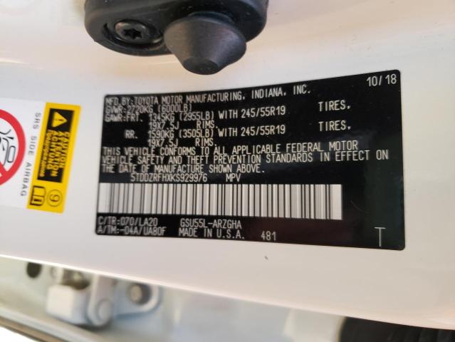 Photo 10 from auction – 2019 TOYOTA HIGHLANDER with VIN 5TDDZRFHXKS929976