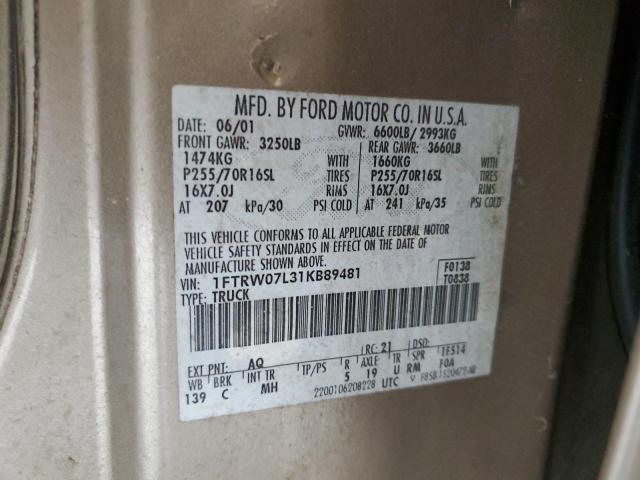 Photo 10 from auction – 2001 FORD F150 SUPER with VIN 1FTRW07L31KB89481