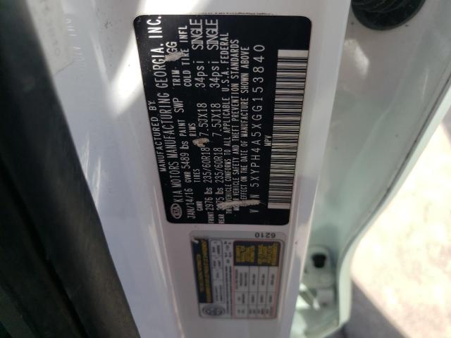 Photo 10 from auction – 2016 KIA SORENTO EX with VIN 5XYPH4A5XGG153840