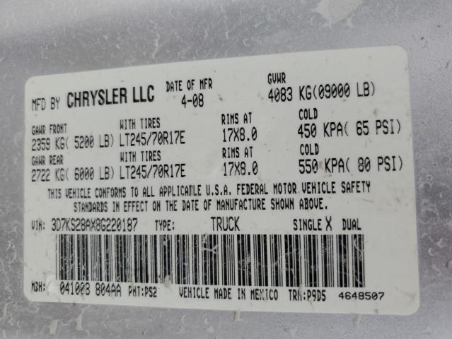 Photo 10 from auction – 2008 DODGE RAM 2500 S with VIN 3D7KS28AX8G220187