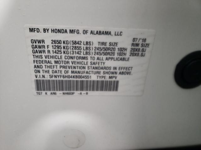 Photo 10 from auction – 2019 HONDA PILOT ELIT with VIN 5FNYF6H04KB004551