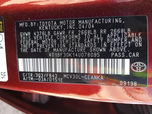 Photo 10 from auction – 2004 TOYOTA CAMRY LE with VIN 4T1BF30K14U078095
