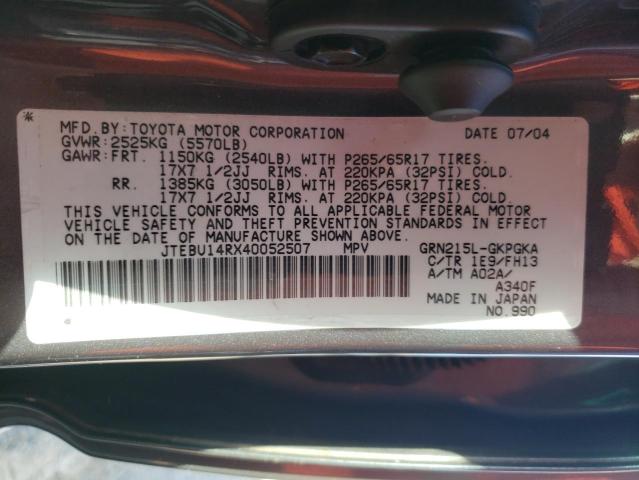 Photo 10 from auction – 2004 TOYOTA 4RUNNER SR with VIN JTEBU14RX40052507