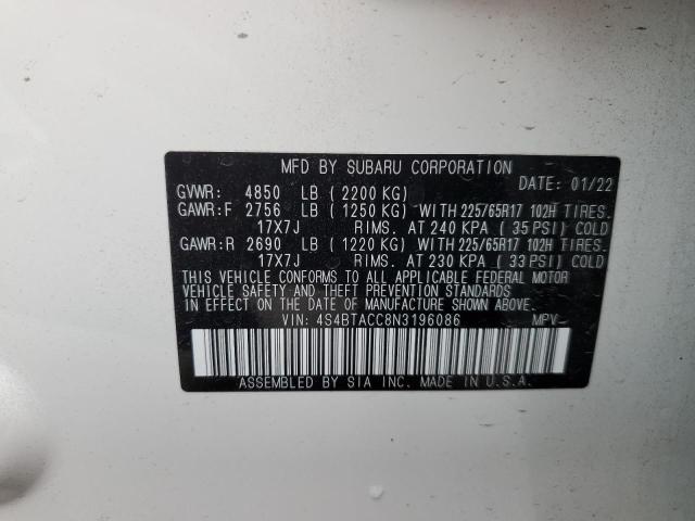 Photo 10 from auction – 2022 SUBARU OUTBACK PR with VIN 4S4BTACC8N3196086