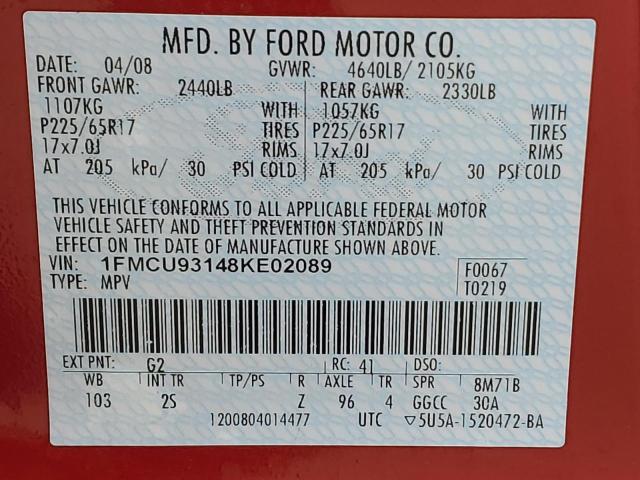 Photo 10 from auction – 2008 FORD ESCAPE XLT with VIN 1FMCU93148KE02089