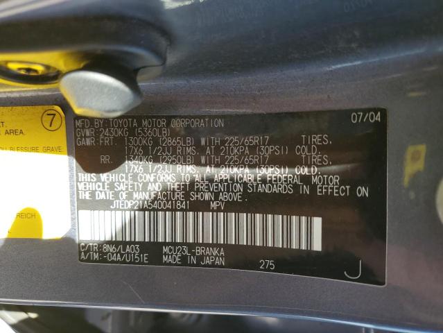 Photo 10 from auction – 2004 TOYOTA HIGHLANDER with VIN JTEDP21A540041841