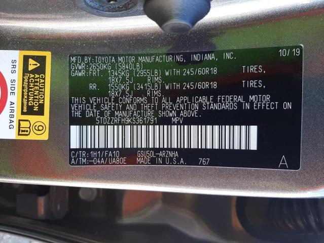 Photo 10 from auction – 2019 TOYOTA HIGHLANDER with VIN 5TDZZRFH9KS361791