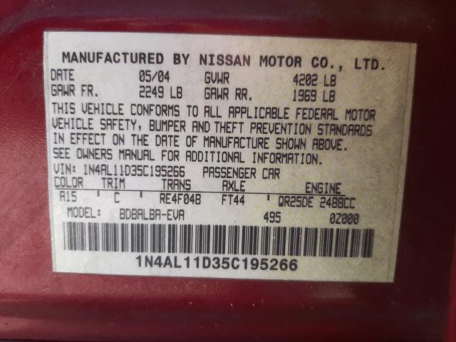 Photo 10 from auction – 2005 NISSAN ALTIMA S with VIN 1N4AL11D35C195266