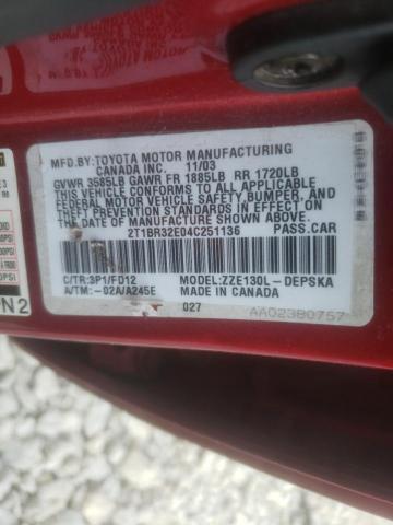 Photo 10 from auction – 2004 TOYOTA COROLLA CE with VIN 2T1BR32E04C251136