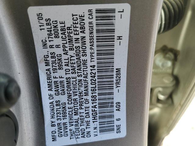 Photo 10 from auction – 2006 HONDA CIVIC EX with VIN 1HGFA16816L024214