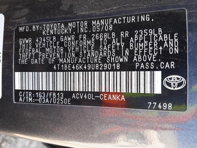 Photo 10 from auction – 2009 TOYOTA CAMRY BASE with VIN 4T1BE46K49U829018