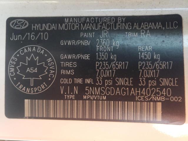 Photo 10 from auction – 2010 HYUNDAI SANTA FE G with VIN 5NMSGDAG1AH402540