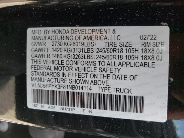 Photo 10 from auction – 2022 HONDA RIDGELINE with VIN 5FPYK3F81NB014114