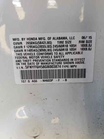 Photo 10 from auction – 2016 HONDA PILOT EXL with VIN 5FNYF6H58GB003874