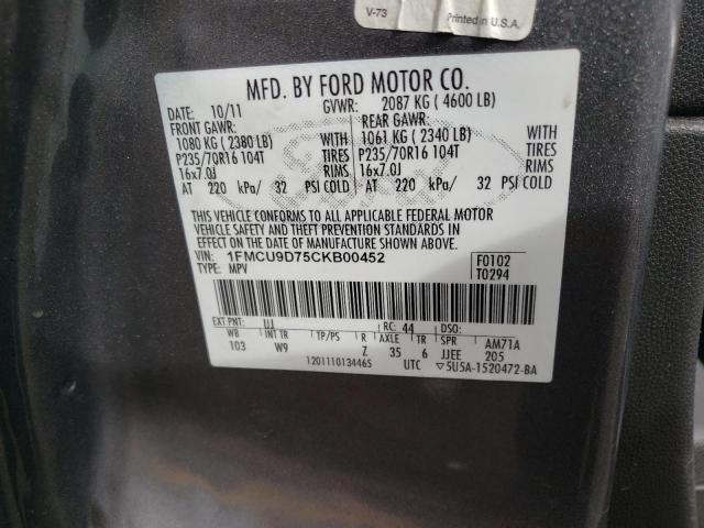 Photo 10 from auction – 2012 FORD ESCAPE XLT with VIN 1FMCU9D75CKB00452