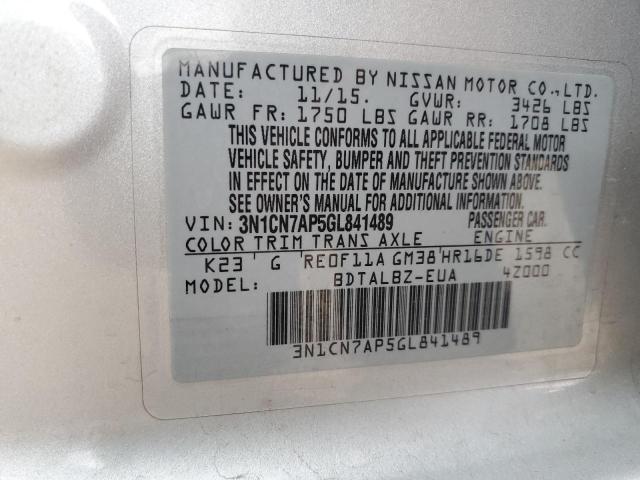 Photo 10 from auction – 2016 NISSAN VERSA S with VIN 3N1CN7AP5GL841489