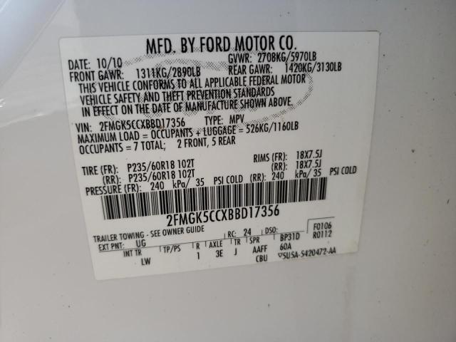 Photo 10 from auction – 2011 FORD FLEX SEL with VIN 2FMGK5CCXBBD17356