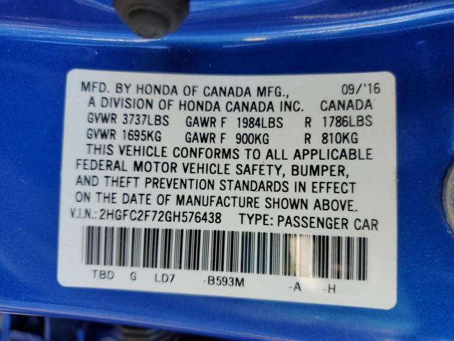 Photo 10 from auction – 2016 HONDA CIVIC EX with VIN 2HGFC2F72GH576438