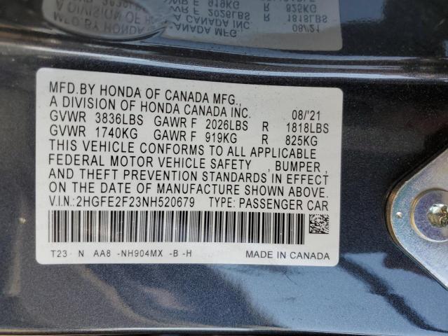 Photo 10 from auction – 2022 HONDA CIVIC with VIN 2HGFE2F23NH520679