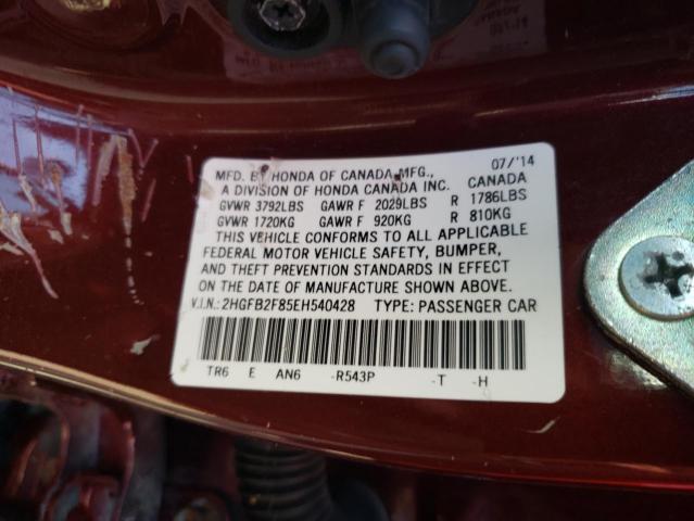 Photo 10 from auction – 2014 HONDA CIVIC EX with VIN 2HGFB2F85EH540428