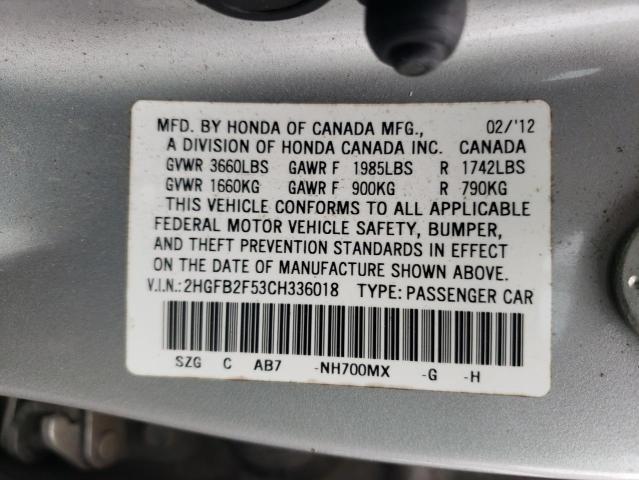 Photo 10 from auction – 2012 HONDA CIVIC LX with VIN 2HGFB2F53CH336018