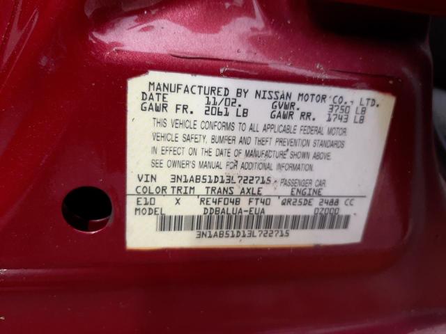 Photo 10 from auction – 2003 NISSAN SENTRA SE- with VIN 3N1AB51D13L722715