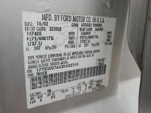 Photo 10 from auction – 2003 FORD F150 SUPER with VIN 1FTRW07643KA82145