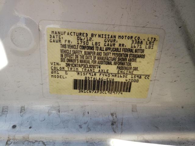 Photo 10 from auction – 2012 NISSAN VERSA S with VIN 3N1CN7AP3CL929774