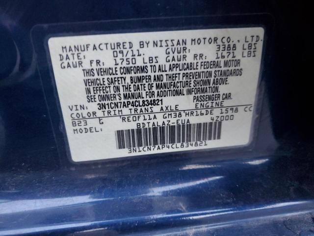 Photo 10 from auction – 2012 NISSAN VERSA S with VIN 3N1CN7AP4CL834821
