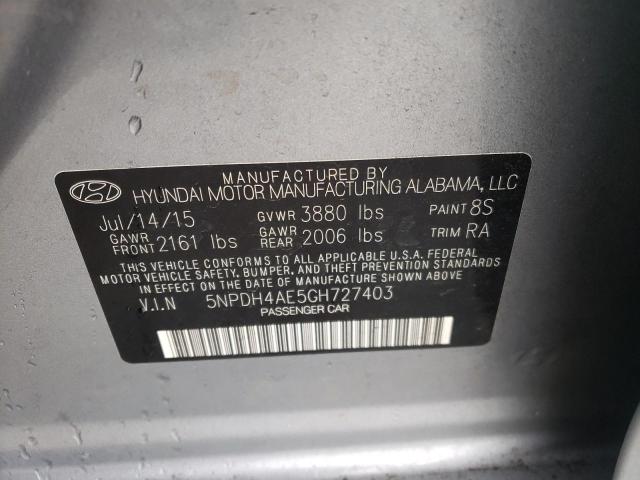 Photo 10 from auction – 2016 HYUNDAI ELANTRA SE with VIN 5NPDH4AE5GH727403