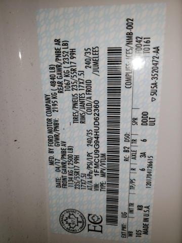 Photo 10 from auction – 2017 FORD ESCAPE SE with VIN 1FMCU9G94HUD62360