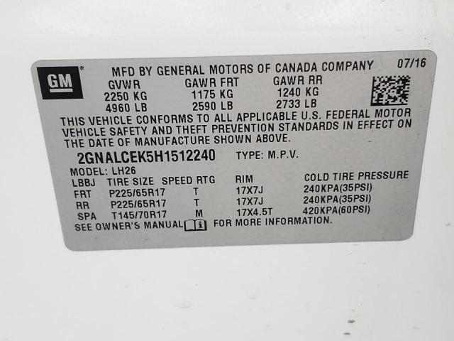 Photo 10 from auction – 2017 CHEVROLET EQUINOX LT with VIN 2GNALCEK5H1512240