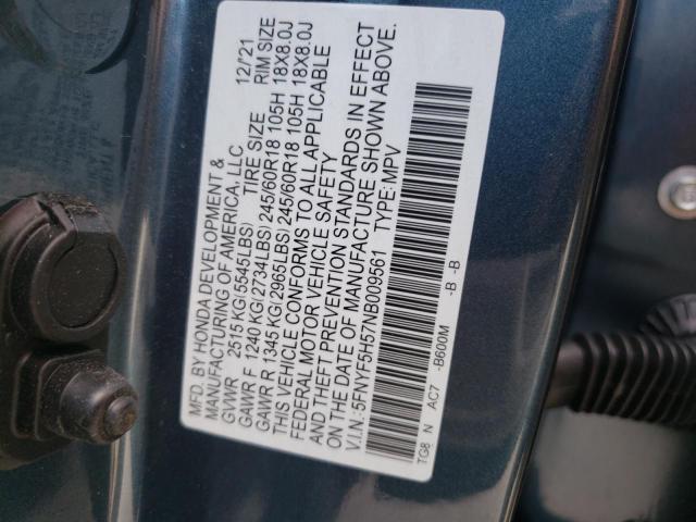 Photo 10 from auction – 2022 HONDA PILOT EXL with VIN 5FNYF5H57NB009561