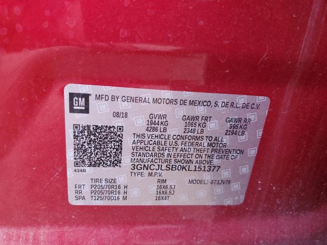 Photo 10 from auction – 2019 CHEVROLET TRAX 1LT with VIN 3GNCJLSB0KL151377