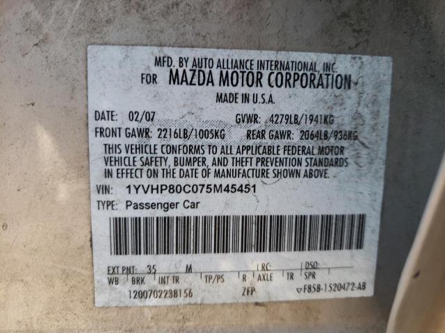 Photo 10 from auction – 2007 MAZDA 6 I with VIN 1YVHP80C075M45451