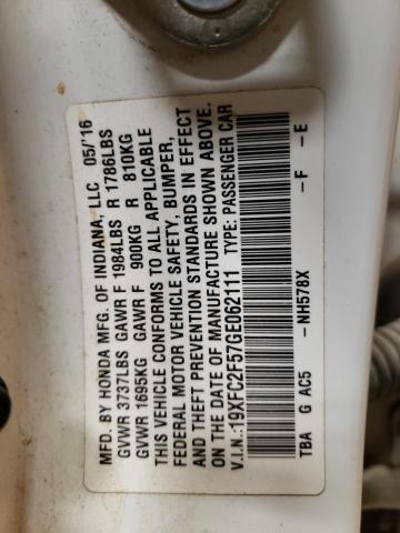 Photo 10 from auction – 2016 HONDA CIVIC LX with VIN 19XFC2F57GE062111