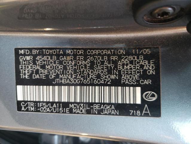 Photo 10 from auction – 2006 LEXUS ES 330 with VIN JTHBA30G765160472