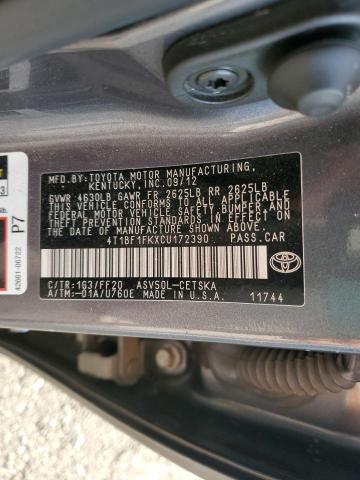 Photo 10 from auction – 2012 TOYOTA CAMRY BASE with VIN 4T1BF1FKXCU172390