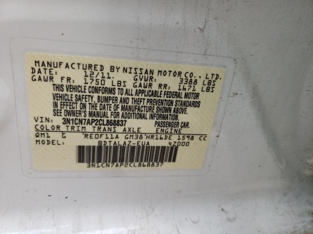 Photo 10 from auction – 2012 NISSAN VERSA S with VIN 3N1CN7AP2CL868837
