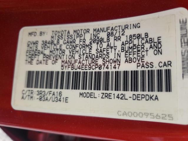 Photo 10 from auction – 2012 TOYOTA COROLLA BA with VIN 5YFBU4EE9CP074147