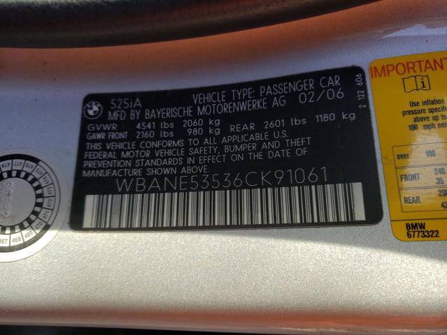 Photo 10 from auction – 2006 BMW 525 I with VIN WBANE53536CK91061