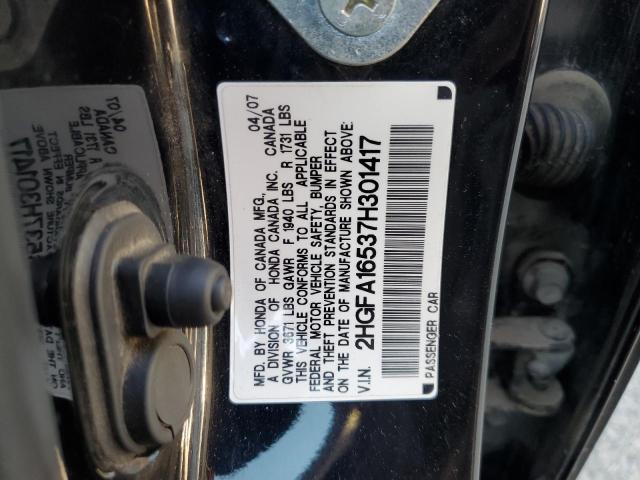 Photo 10 from auction – 2007 HONDA CIVIC LX with VIN 2HGFA16537H301417