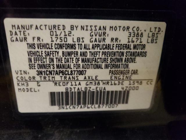 Photo 10 from auction – 2012 NISSAN VERSA S with VIN 3N1CN7AP6CL877007