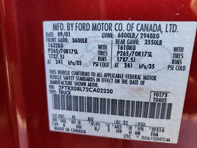 Photo 10 from auction – 2002 FORD F150 with VIN 2FTRX08L72CA02230
