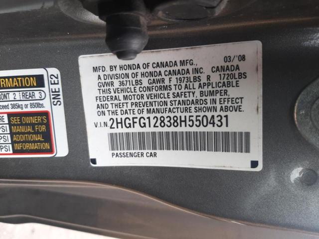 Photo 10 from auction – 2008 HONDA CIVIC EX with VIN 2HGFG12838H550431